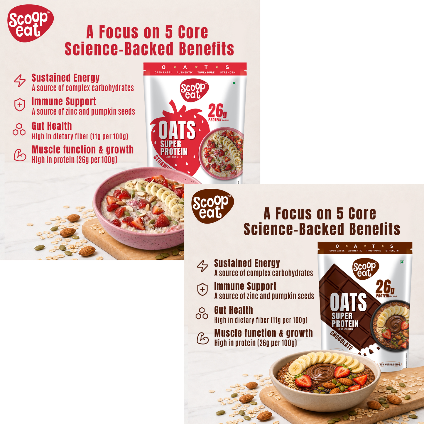 Scoopeat Assorted Combo of 2 - 26g Super High Protein Chocolate Oats + 26g Super High Protein Strawberry Oats