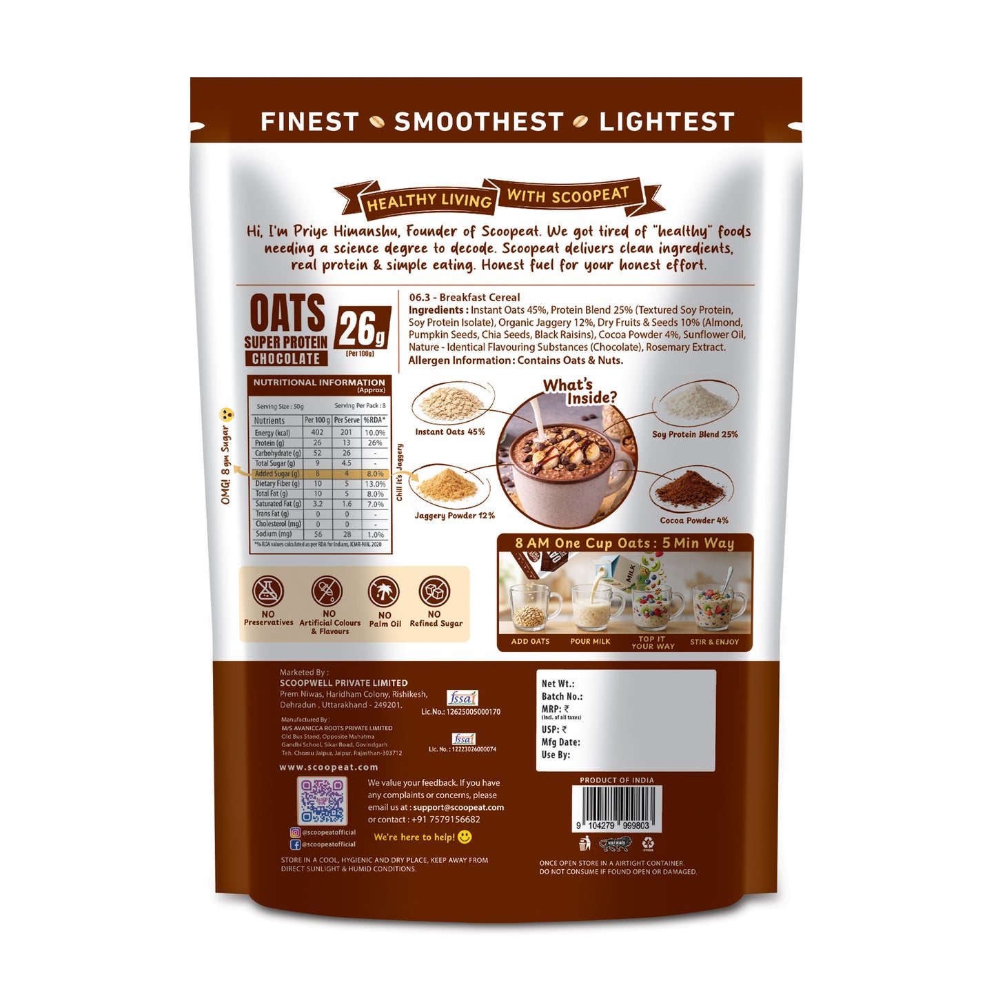 Scoopeat 26g Super High Protein Chocolate Oats 400gm